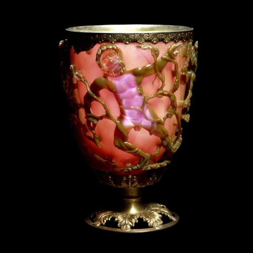 likeavirgil:  The Lycurgus Cup Late Roman, 4th century AD “This extraordinary cup is the only complete example of a very special type of glass, known as dichroic, which changes colour when held up to the light. The opaque green cup turns to a glowing