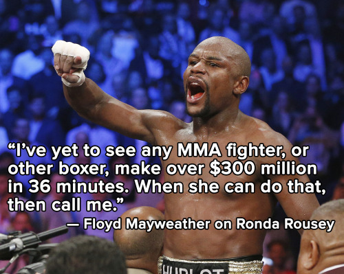 micdotcom:  Ronda Rousey on Floyd Mayweather: “I can beat anyone” During an “Ask Me Anything” Q&A on Reddit, Rousey responded to a user who asked her how she would fare in matches against various opponents, including  and Mayweather, to