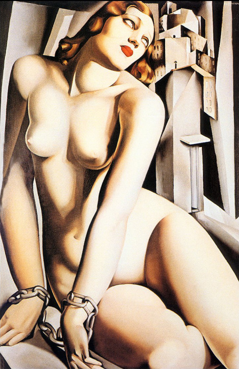 davislove:  que-dire-d-autre:    Tamara de Lempicka -   Andromède (princesse éthiopienne. Fille du roi Céphée, elle est victime de l'orgueil de sa mère Cassiopée. Exposée nue sur un rocher pour y être dévorée par un monstre marin, elle est sauvée