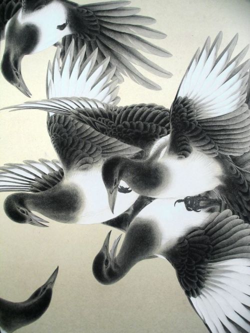 KODAMA Kibō（児玉希望 Japanese, 1898-1971） Pair of Screen Paintings of Magpies &amp; Snow 1926-1936 M