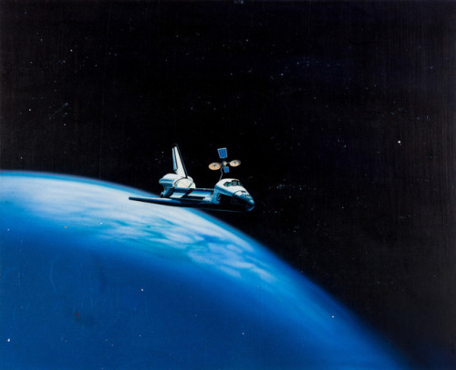 1983 acrylic illustration of a space shuttle deploying a satellite. Artist unknown.