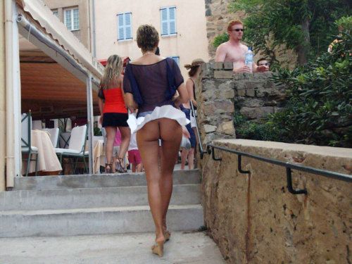 carelessnaked: Voyeur upskirt of very sexy mature wife walking without panties on street