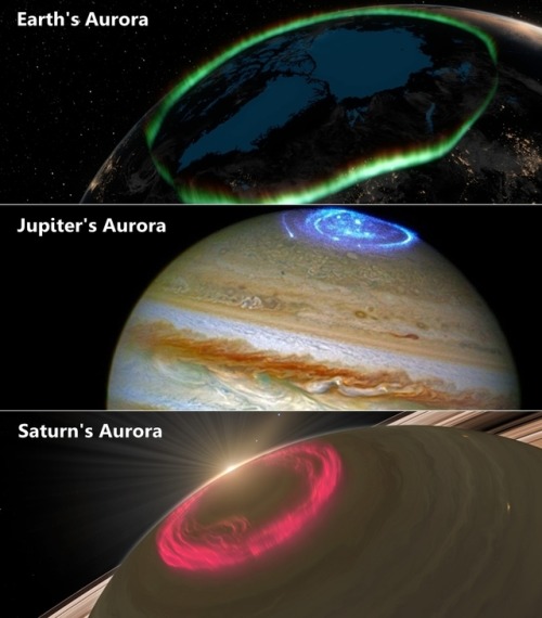 wonders-of-the-cosmos:Artistic conception of the auroras os Saturn and Earth (jupiter’s image is rea