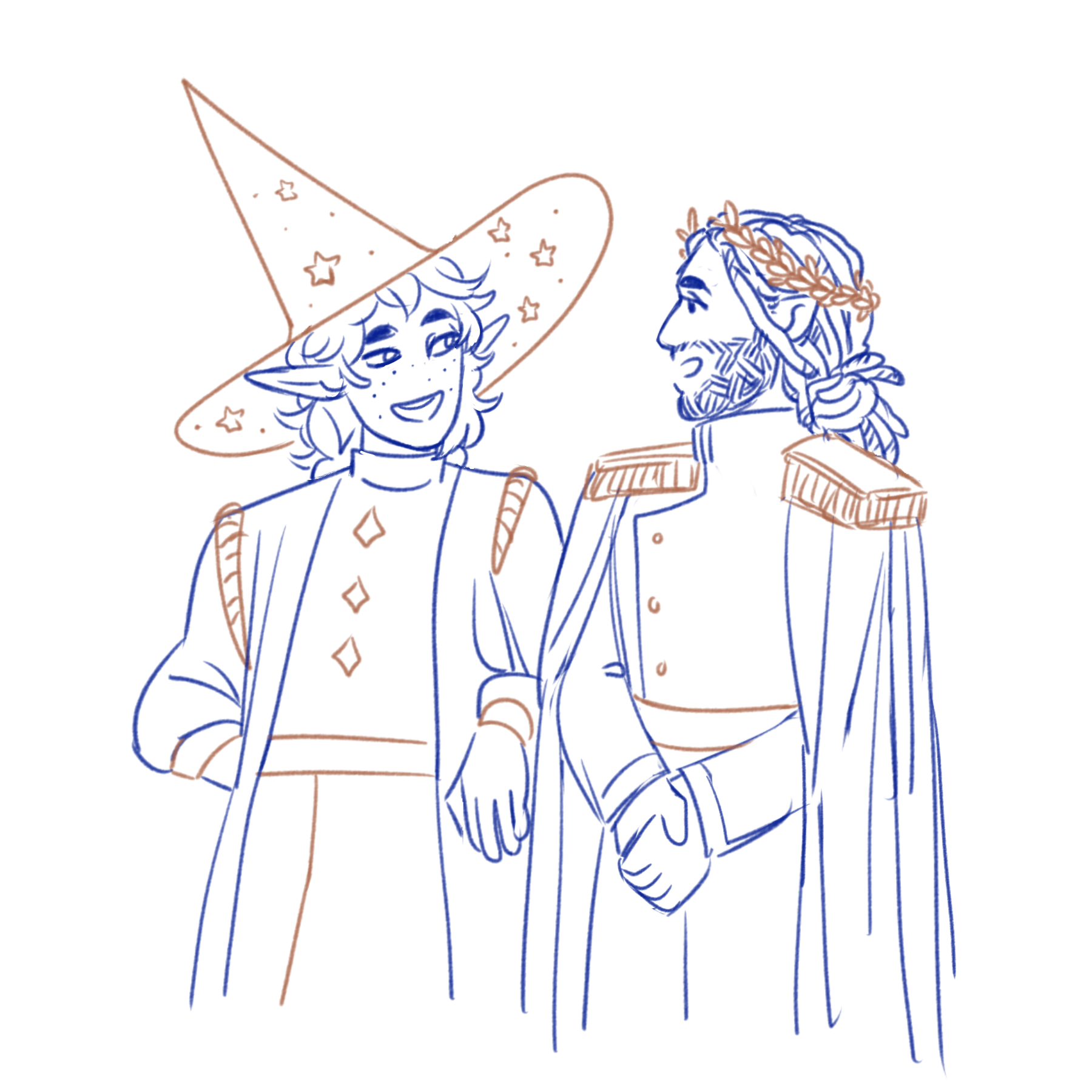 herbgerblin:[ID: Three lineart drawings in blue and gold. The first image shows Lup and Taako, a female and male elf respectively. They both have freckles and curly hair. Lup is wearing a dress and apron, while taako wears a wizard hat and robes covered