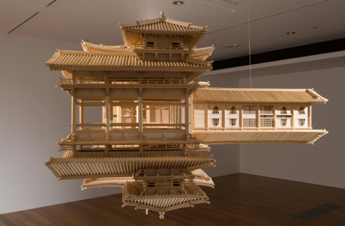 likeafieldmouse: Takahiro Iwasaki - Reflection Model: Perfect Bliss (2010-12) - Japanese cypress and wire Scale replica of the Byodo-In, a 10th-century temple near Kyoto 