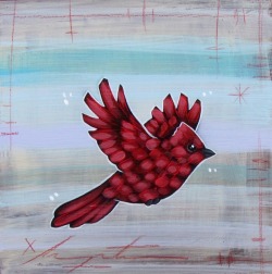 tetramodal:“Cardinal” Acrylic, spray paint, and colored pencil on wood panel 6x6&quot;.Charles Morgenstern, 2017.DA: tetramodal.deviantart.comInstagram: instagram.com/tetramodal/ 