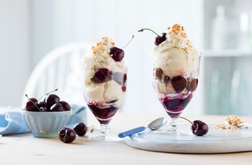 Cherry and chocolate fudge ice cream sundaes