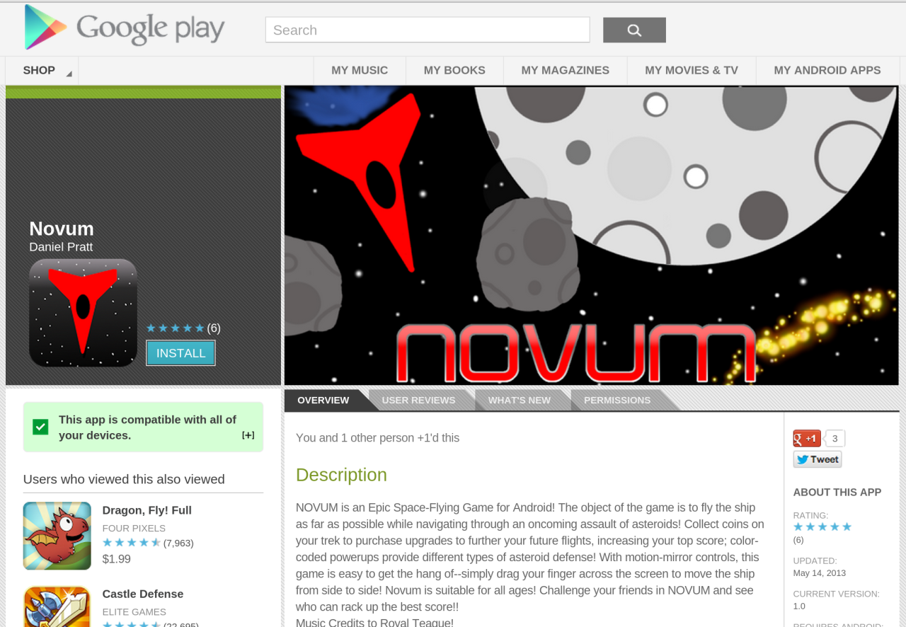 Novum is now available on Google Play!
https://play.google.com/store/apps/details?id=com.dgpratt4.space