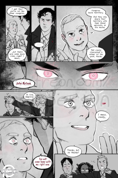 Support A Study in Black on Patreon => Reapersun on PatreonView from beginning<Page 6 - Page 7 - Page 8>—————Hypnosis in vamp stories actually really messes me up so it made me very happy to drop it in the trash (sort of) in this one