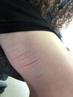 msjigglypuffs:  Back at my desk post orgasm…the marks left on my leg from squatting up against the work bathroom cabinet and rubbing my pussy until I came.