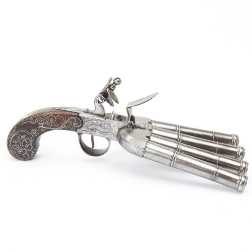 Silver inlaid flintlock duckfoot pistol from Bunney of London, 18th century.from International Milit