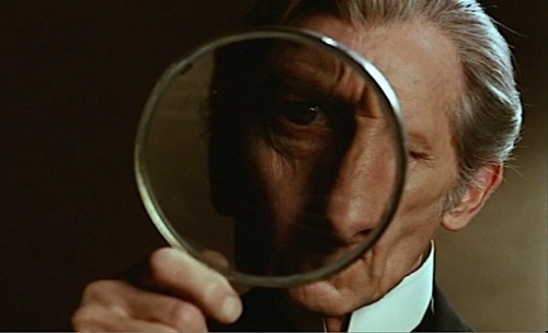 greggorysshocktheater:The sight gag of Peter Cushing and the magnifying glass in Top Secret (1984) i