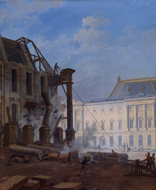 Un tableau représentant un pavillon de l'ancienne aile de Versailles en cours de démolition;  par Pierre Drahonet, 1814.