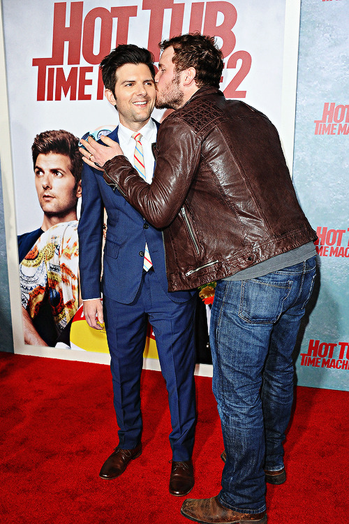 vikander: Adam Scott and Chris Pratt attend the premiere of ‘Hot Tub Time Machine 2’ at Regency Village Theatre on February 18, 2015 in Westwood, California. 