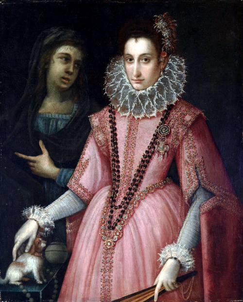 Portrait of a Lady in a Pink Gown with her Pet Dog by Lavinia Fontana (1552-1614)