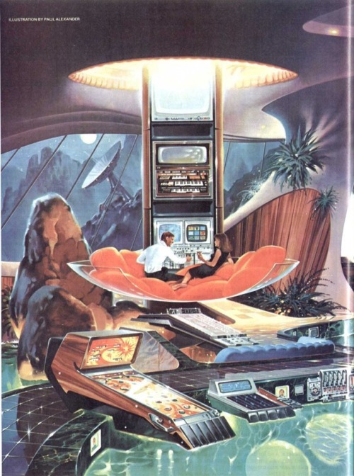 talesfromweirdland:Retrofuturistic moonbase bachelor pad. Illustration by Paul Alexander, 1970s.