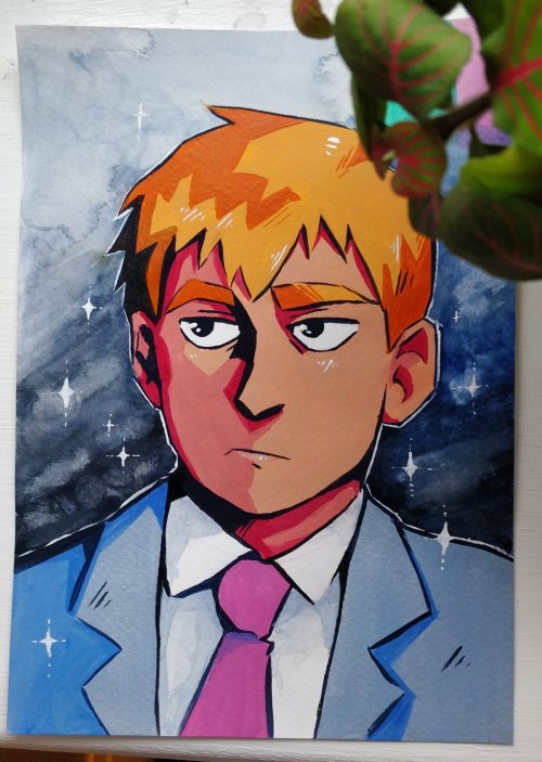 merchantarthurn:[ID: gouache painting of Reigen Arataka from Mob psycho 100. The background is a blu