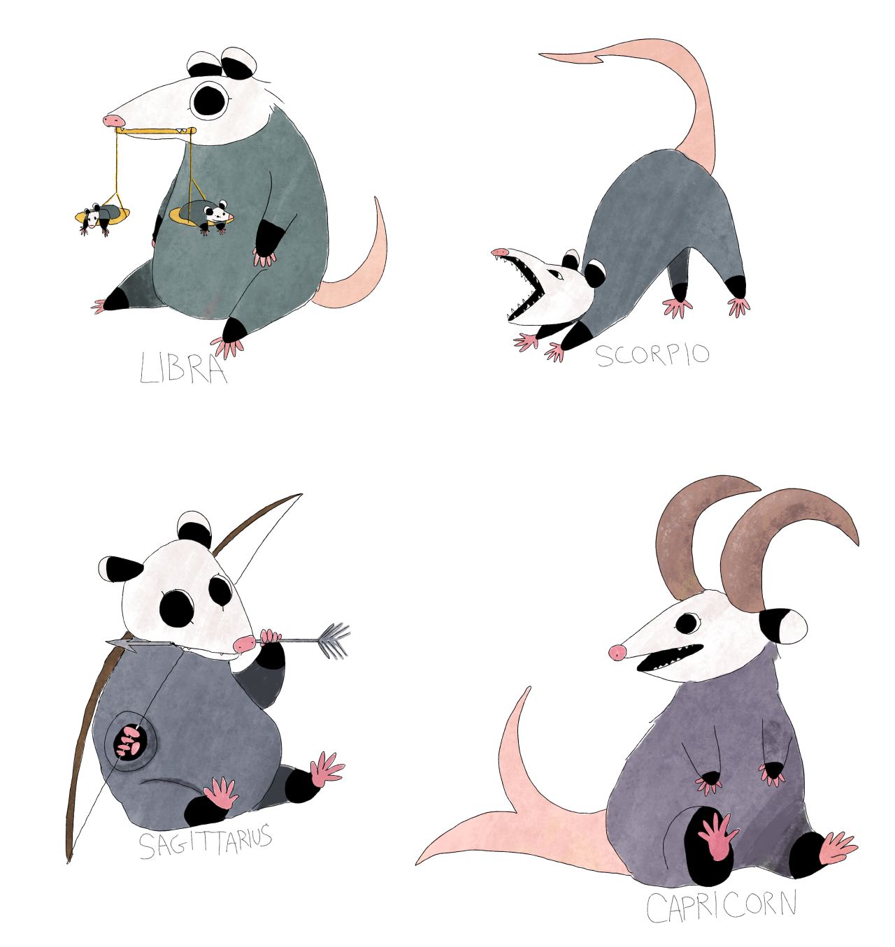 persephoning: cinnabees:  Astrological zodiac opossums!  Available as stickers on