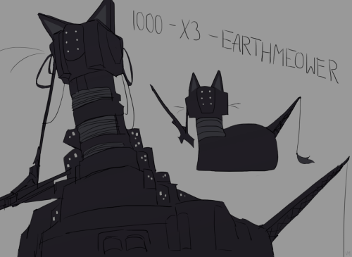 the next cat is the earthmover, nicknamed the "1000 X3 earthmeower". it's given cat ears on its head, and its cables are tweaked to look like whiskers. its neck has sections of lines, similar to a typical cat scratching pole. the crane on its back is extended to look more like a tail, with a feather on the end like a cat toy. theres an extra little doodle of the earthmeower doing a loaf above the main drawing