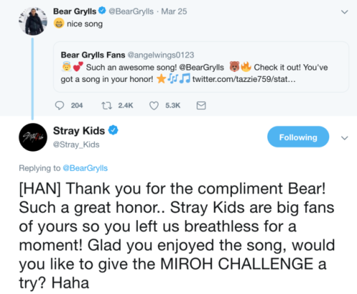 straykidsupdate:[NOTICE] Jisung replied back to Bear Grylls on Twitter!