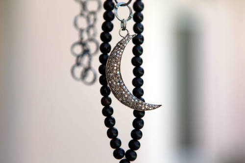 Ebony Bead Necklace and Crescent Moon in Marcasite 