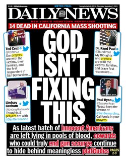 micdotcom:  After Wednesday marked the 355th mass shooting this year, The Daily News is going hard after politicians calling for “thoughts and prayers.” It’s a bold, pointed cover — but not a surprise looking back at their previous shooting