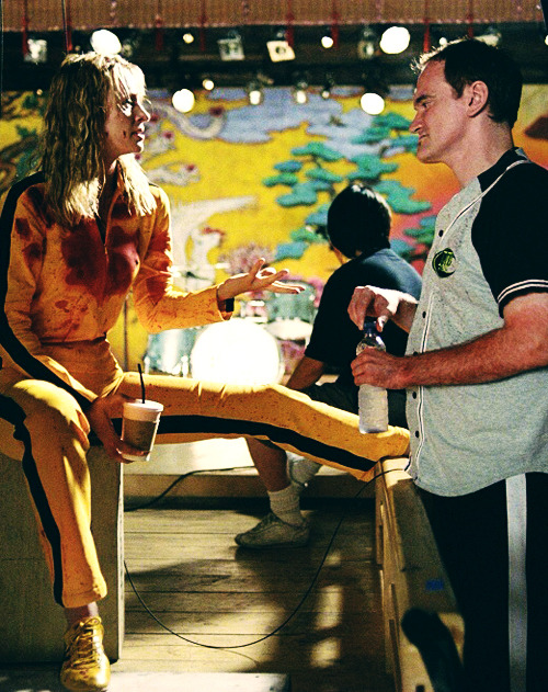 lesmodel:  Uma Thurman and Quentin Tarantino on the set of Kill Bill, 2003 