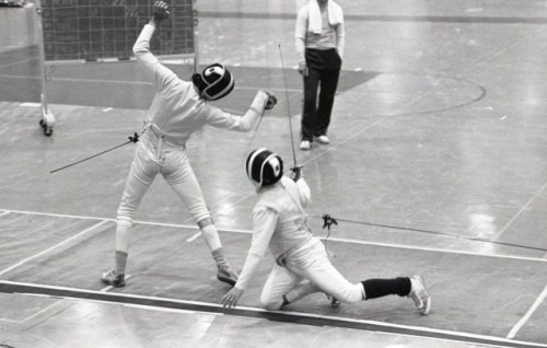 [ID: three photos of foilist in a bout. The fencer on the right is faliing over and rolling onto his