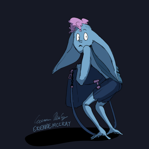[ID: A digital drawing of a goblin with large pointed ears, blue skin, and curly pink hair. They are