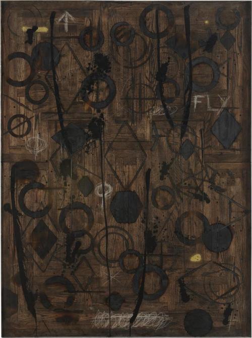 thunderstruck9: Rashid Johnson (American, b. 1977), Fly, 2011. Branded red oak flooring, black soap,