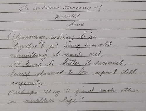The inherent tragedy of parallel lines
Yearning, aching to be together and yet being unable to reach out, old lovers too bitter to reconcile, lovers doomed to be apart till infinity.
Perhaps they'll find each other in another life?