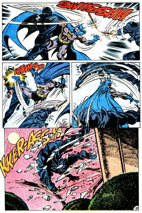 billyarrowsmith:  Jim Aparo is one of the greatest fight sequence artists of all time, several pages, no words needed, just pure kinetic action. Panels are from Batman #431.