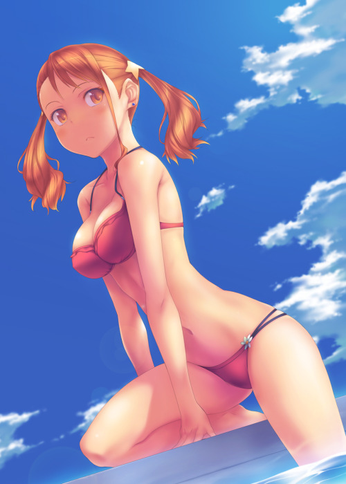 voynich8:  ano hi mita hana no namae wo bokutachi wa mada shiranai, anjou naruko, nanakusa, high resolution, bikini, blue sky, blush, breasts, brown eyes, cleavage, cloud, dutch angle, earrings, female, jewelry, legs, lens flare, midriff, navel, one knee,