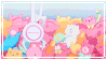 Stamp of a gif of an animated vending machine filled with pastel plushes, with a white claw grabbing a pink teddy bear