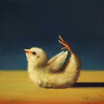 ousia-poetica:I have seen so many strange things that I am not surprised to see a baby chick doing physical and mental exercise. Art by Lucia Heffernan on Etsy.