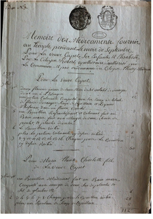A note for a prescription given to the Marie Antoinette, here designated as the “widow Capet,” in September of 1793. The prescription included: two bottles with smelling salts; a calming potion made with linden water, orange blossom, Hofman’s liqueur...