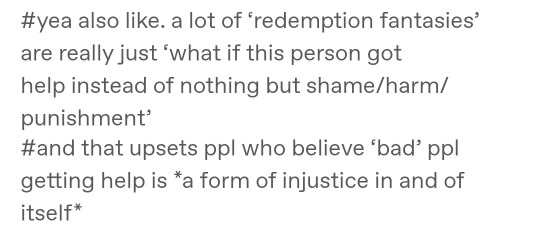 sheathandshear:expartebollmanisirrelevant:not to post even more Villains Discourse on main but it really bugs me how people read giving villains tragic backstories as inherently excusing their actions and/or demonizing trauma survivors.the actual message