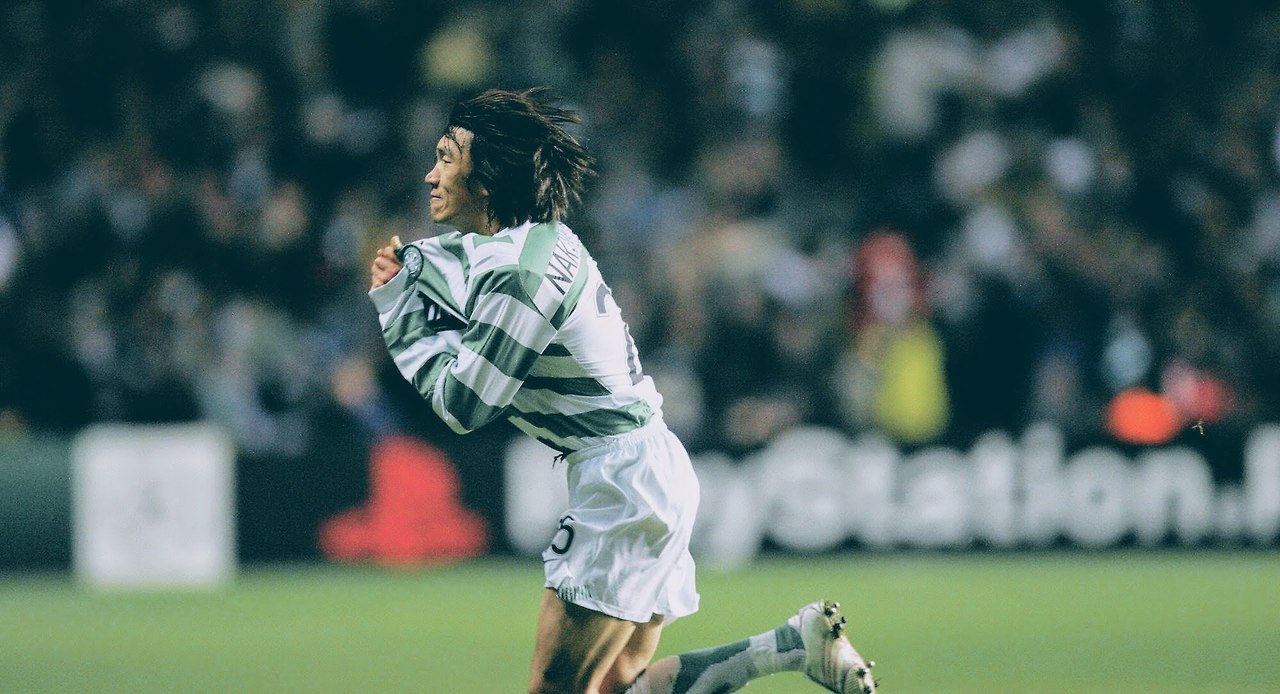 Celtic's Shunsuke Nakamura celebrates scoring the winning goal