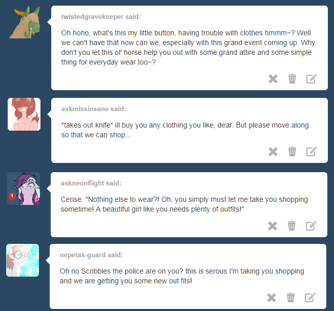 askscribblesstyal:  Askers: twistedgravekeeper, askmissinsane, nepetas-guard, askneonflight, scumbag-stallion