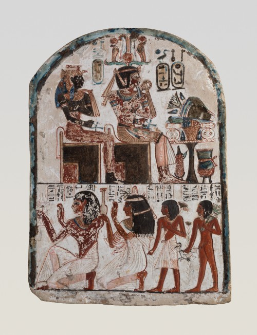 Ancient Egyptian stela (painted limestone) depicting the sculptor Qen worshiping Amenhotep I and Ahm