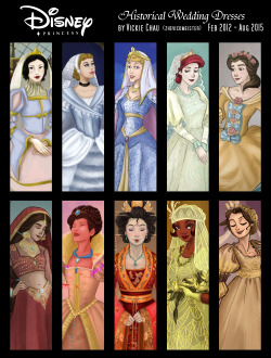 zhevickmeister:  Historically (culturally) accurate Disney Princess Wedding Dresses.3 years in the making and the series is complete! Ten drawings, each drawn in their own style (because I experimented a lot with style in this series) I learned a lot