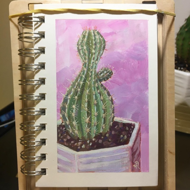 a painting of a cactus in a pot with a solid background.