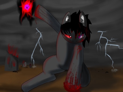Blood: Back when I was created, I escaped and ran wild. Burning everything I could, killing everything in sight. The thousands of slain pony’s blood covered my mane. So they sent the legendary fighters to stop me and I guess from how much blood