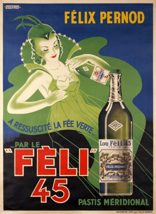 fuckyeahvintageillustration: Poster design by Raymond Ducatez for ‘Pastis Féli 45’, ca. 1930. Descri