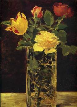 artist-manet:  Rose and tulip, Edouard ManetMedium: oil,canvas