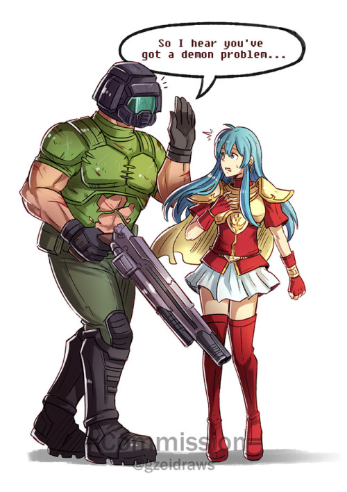 gzeidraws:Commission for fe_paint (Twitter)’s idea of Doomguy meeting Eirika xD