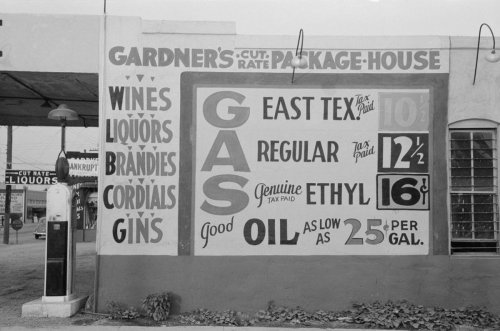 A store in Waco, 1939. Apparently you could just get your liquor and your gas in the same place and 