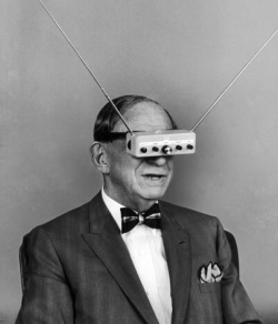 retrosci-fi:  “Hugo Gernsback (the great writer) with his idea of TV goggles - 1963” ~retro-futurism  @empoweredinnocence