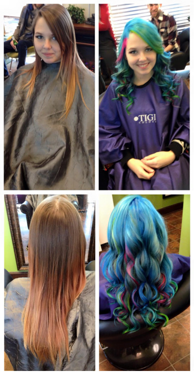 lovelydyedlocks:  My hair transformation! Bleached to platinum blonde and dyed with Pravana Vivids. Blue was a mixture of neon blue/pastel blue/blue, other colors are neon green, magenta, and there’s a few pieces of violet underneath. It’s been almost