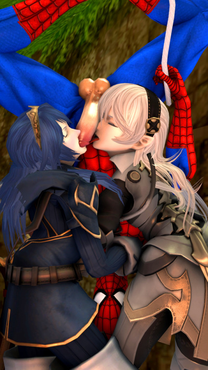 Spider-Man recieving a warm welcome from Lucina and Corrin ( Kamui )